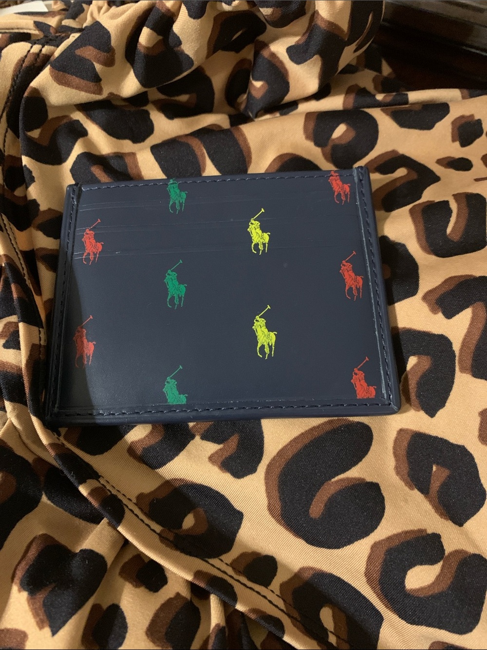 Ralph Lauren Navy Leather Card Holder with Multicolor Pony Motif